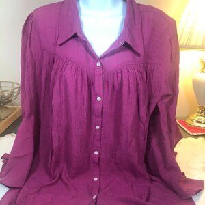 Cato Fasions Button Up Top  - Bell Sleeves, Magenta - 18/20W